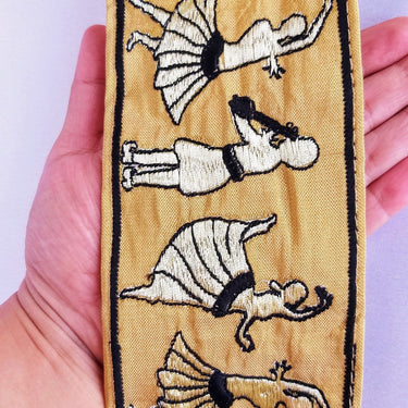 Beige Fabric Trim With Embroidered Dancers And Musicians in Gold & Black / Blue, Dance Music Trims, Approx. 80mm - 210119L514 / 15